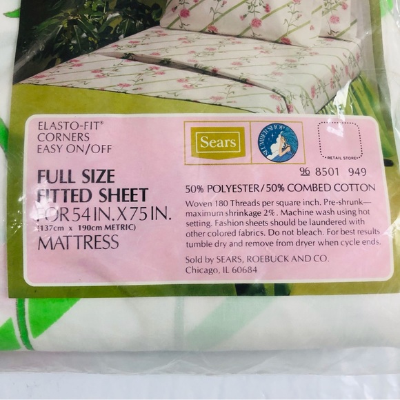 Vintage NWT 80s Sears Carnations Perma Prest Percale Full Size Fitted Sheet - Picture 2 of 6